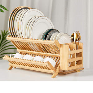 Bamboo Dish Draining <b>Rack</b> Foldable Square Kitchen Bowl <b>Plate</b> Storage Organizer - Product Image 4