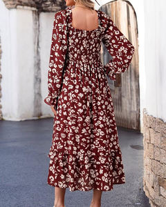 เดรสยาวแขนยาวคอเหลี่ยมลายดอกไม้สีขาว <span class=keywords><strong>แต่ง</strong></span>ระบายชายกระโปรงทรงหลวมสไตล์โบฮีเมียนลำลองสำหรับวันหยุดพักผ่อน <span class=keywords><strong>ขาย</strong></span>ดี - Product Image 3