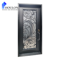 Porte d'entrée de luxe en fer forgé avec décorations artistiques, verre dépoli et sécurité renforcée pour villa