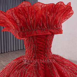 Robes de mariée élégantes à épaules dénudées, en dentelle rouge perlée avec appliques, pour la mariée, robes de mariée à volants, Vestido De Noiva Rsm251019 - Product Image 5