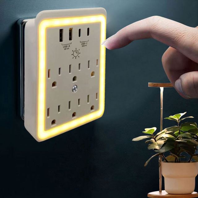 10 in 1 USB Wall Mountable Power Strip 6 AC Outlets Extender 4 USB Ports with Night Light and Phone Holder, ETL