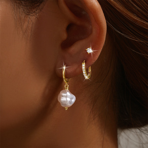 3 paires de boucles d'oreilles pour femmes, style simple et tendance, en argent sterling 925, avec diamants et perles, pour un look quotidien élégant. - Product Image 5