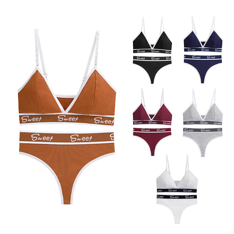 Wholesale Women's Cotton Bra&panty Letter Thong Panty Young Girl Stylish Hot Bra Set Solid Bras Brief Panty Set