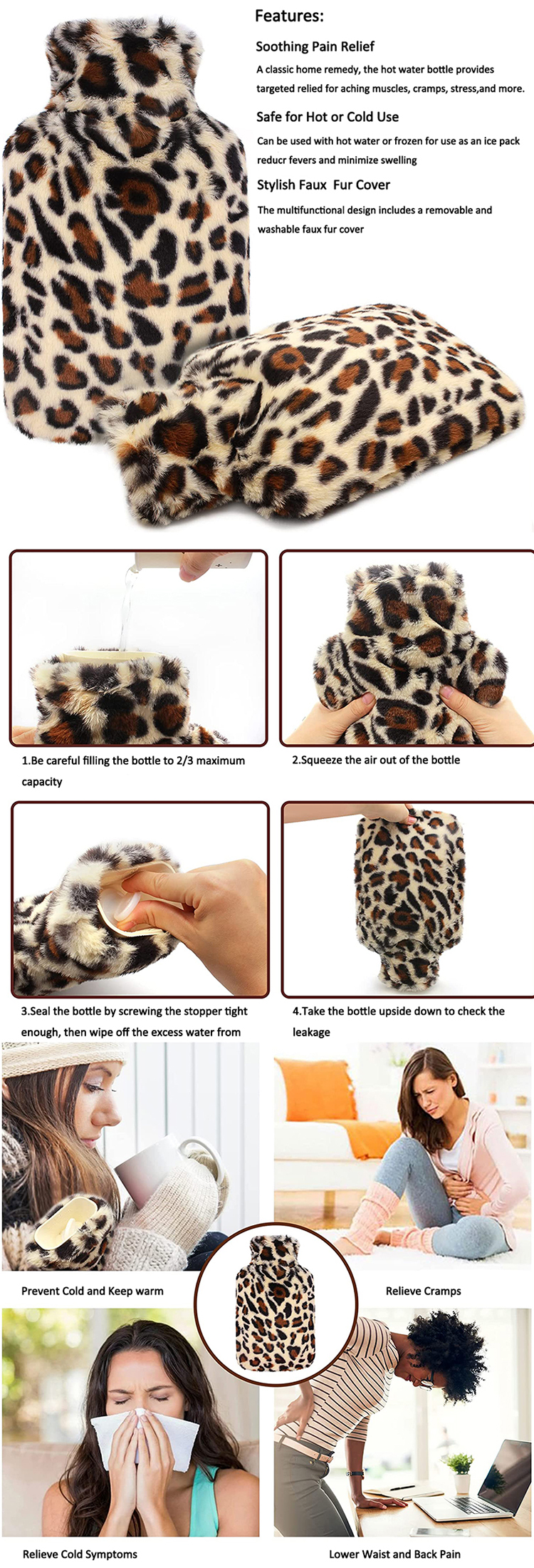 2l bs rubber hot water bag faux fur hot water bottle cover with hand pocket