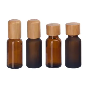 20ml brown glass bottle frosted amber bamboo wood screw cap bottle essential oil drop cap bottle with 18/410 bamboo screw cap