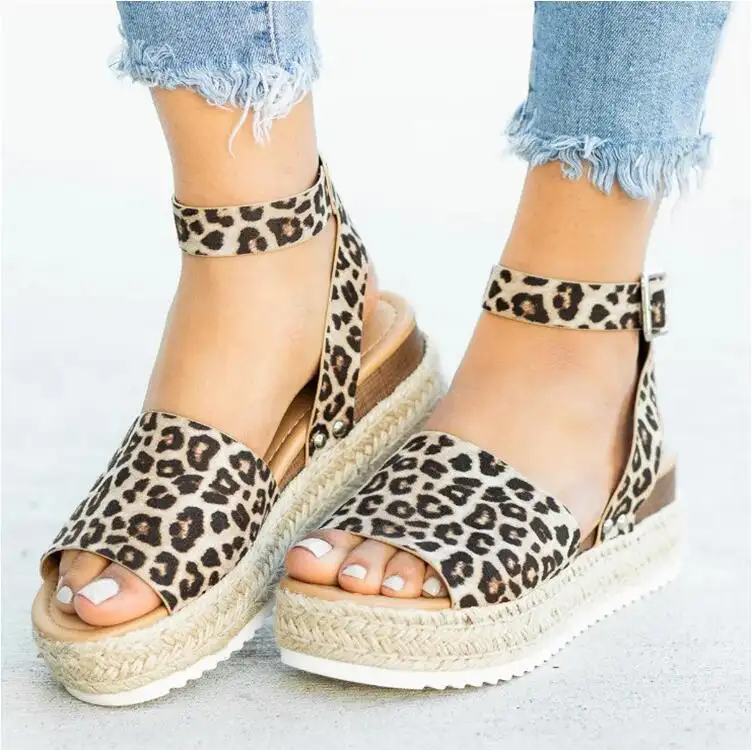 2022 Wholesale Leopard Wedge Ankle Buckle Strap Women Sandals