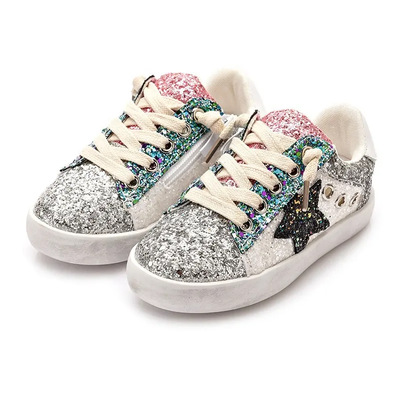 2022 New design children breathable girls sequin star outdoor sport casual shoes glitter low top sneakers for kids