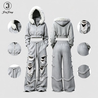 Ensemble deux pièces OEM pour femmes : sweat à capuche court zippé et pantalon de survêtement large en molleton gris – Vêtements streetwear pour femmes