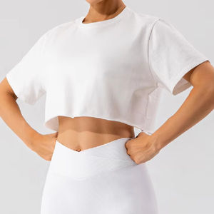 Impresión Logo Gym Crop Top Camisetas sueltas Raw Hem Sudaderas Mujeres Yoga Camisetas - Product Image 3