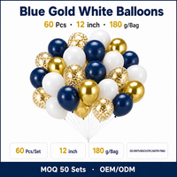 Ballons bleus, or et blancs en gros, 60 ballons de 12 pouces bleu marine et or métallisé avec confettis, utilisés pour la décoration de mariages et d'anniversaires