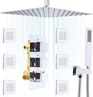 Système de douche thermostatique à effet pluie, finition laiton en acier inoxydable brossé, robinet avec 6 jets de massage, triple poignée, design carré moderne