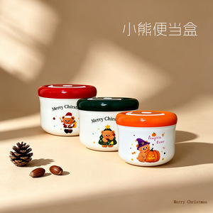 Christmas Bear Plastic Steel Double Layer <b>Lunch</b> <b>Box</b> 900Ml Round With Lid For Breakfast Oatmeal Halloween Pumpkin Design - Product Image 5