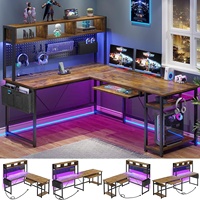 Bureau de jeu en L moderne et rustique avec design réversible, structure métallique, fonction pliable, prise de courant intégrée, surface en bois pour usage domestique