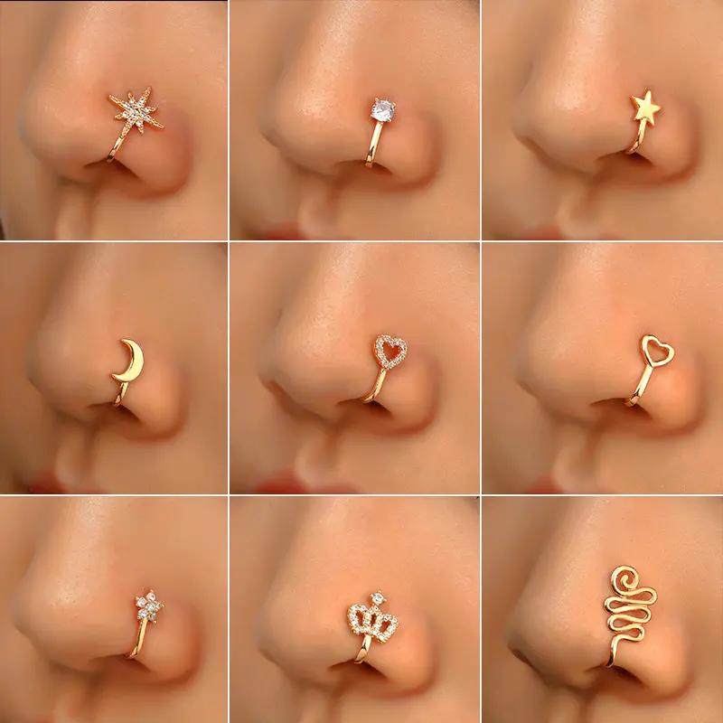 Factory Wholesale 14k gold nose ring zircon star love crown nose clip hinged nose ring