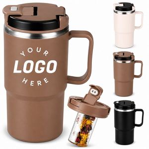 Gobelet isotherme en acier inoxydable personnalisé avec poignée et couvercle infuseur à thé, double paroi, anti-fuite, pour café et thé, idéal comme cadeau - Product Image 1
