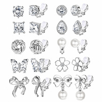 Anting Jepit Kristal Rhinestone Mutiara Imitasi Gaya Campuran dengan Hiasan Pita Bunga Kupu-Kupu, Tanpa Tindik, Warna Emas Perak, Perhiasan untuk Wanita