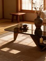 Table basse en verre trempé avec base en bois, table à thé minimaliste scandinave pour salon