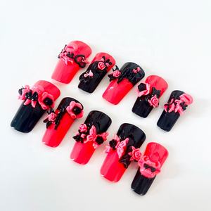 Uñas Postizas de Ataúd Largas Hechas a Mano por Ms.Miemie, Estilo Pastoral, Diseño Francés <span class=keywords><strong>con</strong></span> Rosas, Reutilizables, <span class=keywords><strong>Manicura</strong></span> de Belleza - Product Image 3