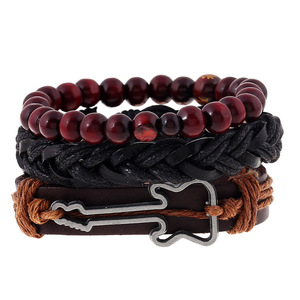Nouveau design tendance, <span class=keywords><strong>bracelet</strong></span> réglable en <span class=keywords><strong>cuir</strong></span> de vachette perlé en <span class=keywords><strong>bois</strong></span> <span class=keywords><strong>et</strong></span> alliage pour <span class=keywords><strong>homme</strong></span>, idéal pour un anniversaire - Product Image 1