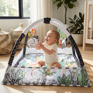 Tapis de jeu et piscine à balles Premium Noir et Blanc Thème Jungle pour bébé, base rembourrée lavable <span class=keywords><strong>en</strong></span> machine, jouets sensoriels à hochet, cadeau pour nourrisson - Product Image 3