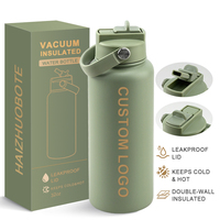 Bouteille d'eau isotherme en acier inoxydable à double paroi de 32 oz avec intérieur en céramique personnalisé, bouchon à paille verrouillable, idéale pour le sport et les voyages