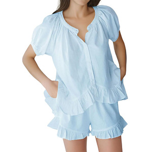 Set Pigiama Estivo da <span class=keywords><strong>Donna</strong></span> in Cotone Lavorato a Maglia con Top a Maniche Corte con Bottoni e Orlo Arricciato e Pantaloncini - Product Image 1