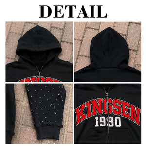 Sweat à capuche zippé vintage épais imprimé, style streetwear, effet vieilli délavé à l'acide, avec strass, coupe oversize - Product Image 6