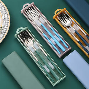 Jieyang 304 Stainless Steel <b>Portable</b> <b>Cutlery</b> <b>Set</b> Fork Spoon Knife Chopsticks Rectangular Case Camping Outdoor Travel Student Use - Product Image 1