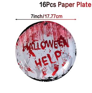 Assiettes jetables pour Halloween, tasses et serviettes de table, horribles mains de sang, vaisselle de fête pour 16 personnes - Product Image 2