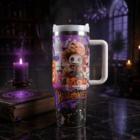 Gobelet isotherme réutilisable en acier inoxydable de 40 oz avec poignée et paille, personnalisable, pour voiture, camping, festival, cadeau d'Halloween