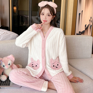 Conjunto de <span class=keywords><strong>Pijama</strong></span> de Forro Polar Coral para <span class=keywords><strong>Mujer</strong></span>, <span class=keywords><strong>Invierno</strong></span>, Franela, Estilo Cyber Popular, Cárdigan de Manga Larga, Cintura Elástica, Ropa de Casa Cálida y Gruesa - Product Image 3