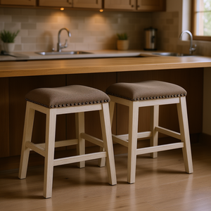 <b>Antique</b> White 2 Piece Counter Height Bar Stool Set Brown Fabric Upholstered Wood <b>Frame</b> Casual Dining Furniture - Product Image 2