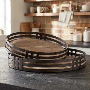 <b>Rustic</b> Round Wooden Decorative Tray Metal Frame Serving Tray <b>Farmhouse</b> <b>Table</b> Centerpiece Display Platter for Coffee <b>Table</b> Home - Product Image 3