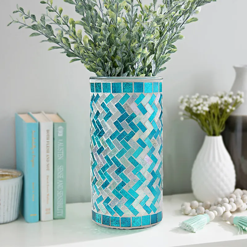 Mediterranean blue Mosaic vase glass for home decoration 20cm Tall Flower Vase