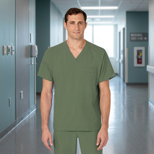 Men's Green V-Neck <b>Scrub</b> <b>Top</b> Cotton Polyester Woven Hospital Uniform <b>Scrub</b> <b>Tops</b> - Product Image 3