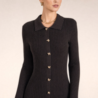 Robe moulante longue à col polo en maille côtelée, avec décoration florale, jupe plissée évasée, taille naturelle, respirante, style vintage et élégant