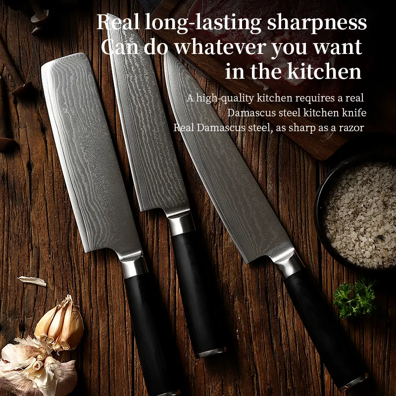 Set of 3 pcs Damascus Steel Kitchen Knife 10Cr15 Mov Stainless Steel 67 Layer Chef Knife Multipurpose Kitchen Knife