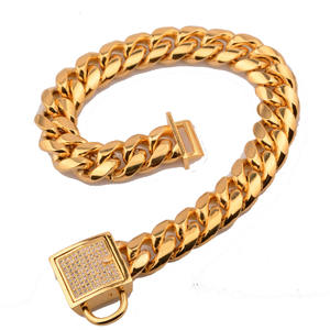 ปลอกคอสุนัขแบบใหม่ขนาด 14 มม. โซ่สแตนเลสไทเทเนียมสีทองแบบเข้ารหัส หัวเข็มขัดประดับเพชรซิรคอนแบบฝังละเอียด - Product Image 4