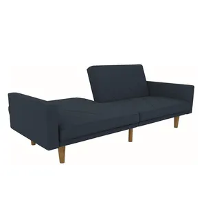 Дешевый диван-кровать с синей льняной обивкой и деревянными ножками