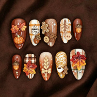 Faux ongles en gros, motifs variés automne-hiver, amande, floral 3D, ombré, feuille d'érable dorée, mignons, citrouille pain d'épices, peints