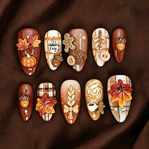 <span class=keywords><strong>Uñas</strong></span> Postizas al por Mayor con Diseños Mixtos de Otoño-<span class=keywords><strong>Invierno</strong></span>: Almendras, Florales 3D, Ombré, Hoja de Arce Dorada, Lindas Calabazas de Jengibre Pintadas - Product Image 1