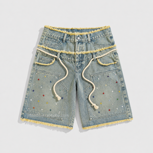 Pantalones Cortos de Mezclilla Vintage de Cintura Alta para Hombre, Estilo Baggy, Verano, OEM, Personalizables, Venta al por Mayor, Jorts con Pedrería - Product Image 1