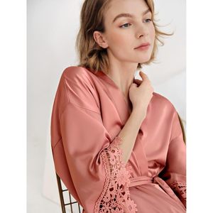 Sioro - Kimono Corto de Seda para Mujer, Cuello en V, Manga Tres Cuartos, Satén con Encaje, Cintura Ajustable, para Bodas, Fiestas, Damas de Honor, Camisón - Product Image 2