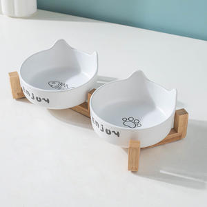 Mangkuk hewan peliharaan keramik dengan dudukan kayu, mangkuk hewan peliharaan keramik tidak tumpah, tempat makanan anjing dan kucing, mangkuk hewan peliharaan untuk kucing dan anjing kecil - Product Image 1
