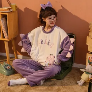 Nuovo arrivo vendita calda dinosauro corallo pile nighty pile polare set abbigliamento per la casa set pigiama di flanella donna carino