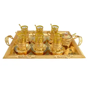 Antique metal iron gold plated glass coffee tea cups pot saucer set with tray