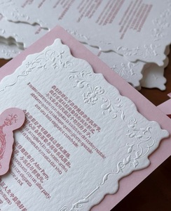 Invitation de <span class=keywords><strong>mariage</strong></span> de luxe en papier de coton texturé gaufré <span class=keywords><strong>rose</strong></span> et blanc, style jardin classique, avec découpe et superposition festonnée, impression personnalisée - Product Image 3