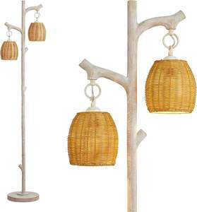 Nouveau Design Rustique Country Cottage Tronc d'arbre Faux Bois Colonne Résine Lampadaire Avec Abat-Jour En Rotin - Product Image 1