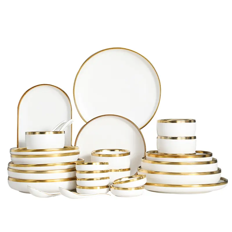 Ensembles d'assiettes à bordure dorée en marbre émaillé de couleur nordique vaisselle en porcelaine assiette en céramique vaisselle