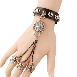 Gothic Steampunk Strass Armband Tier Wolf Schädel Armband Leder Gürtel Band Ring Kette Armband für Freund Freundin - Product Image 4